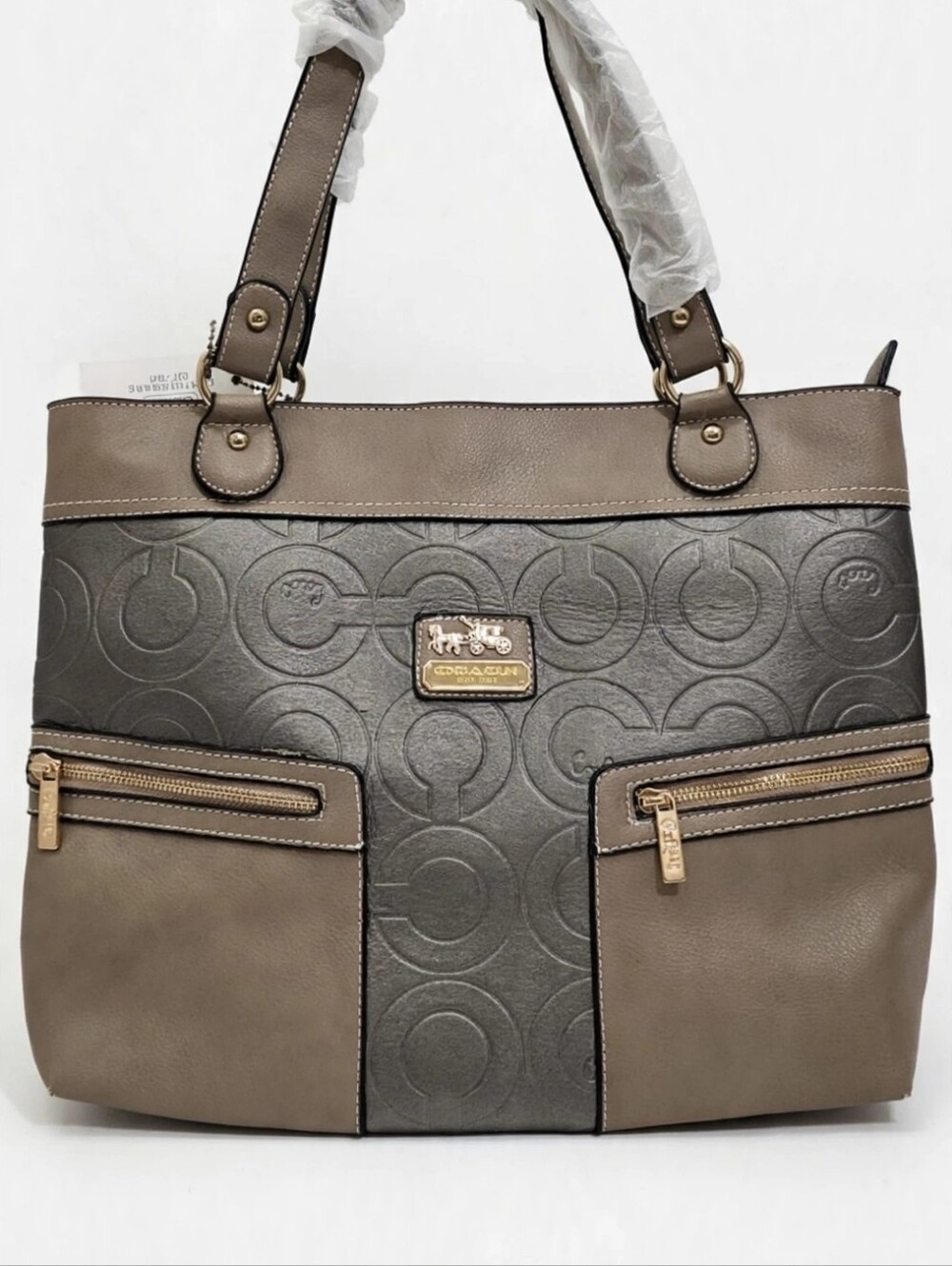 Coach Taupe and Gunmetal Signature Shoulder Bag